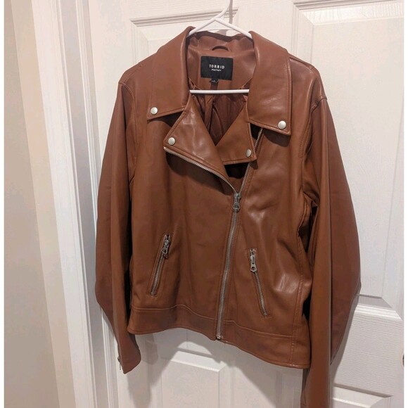 Torrid Size 3x Cognac Brown Faux Leather Asymmetrical Moto Jacket - Picture 5 of 14
